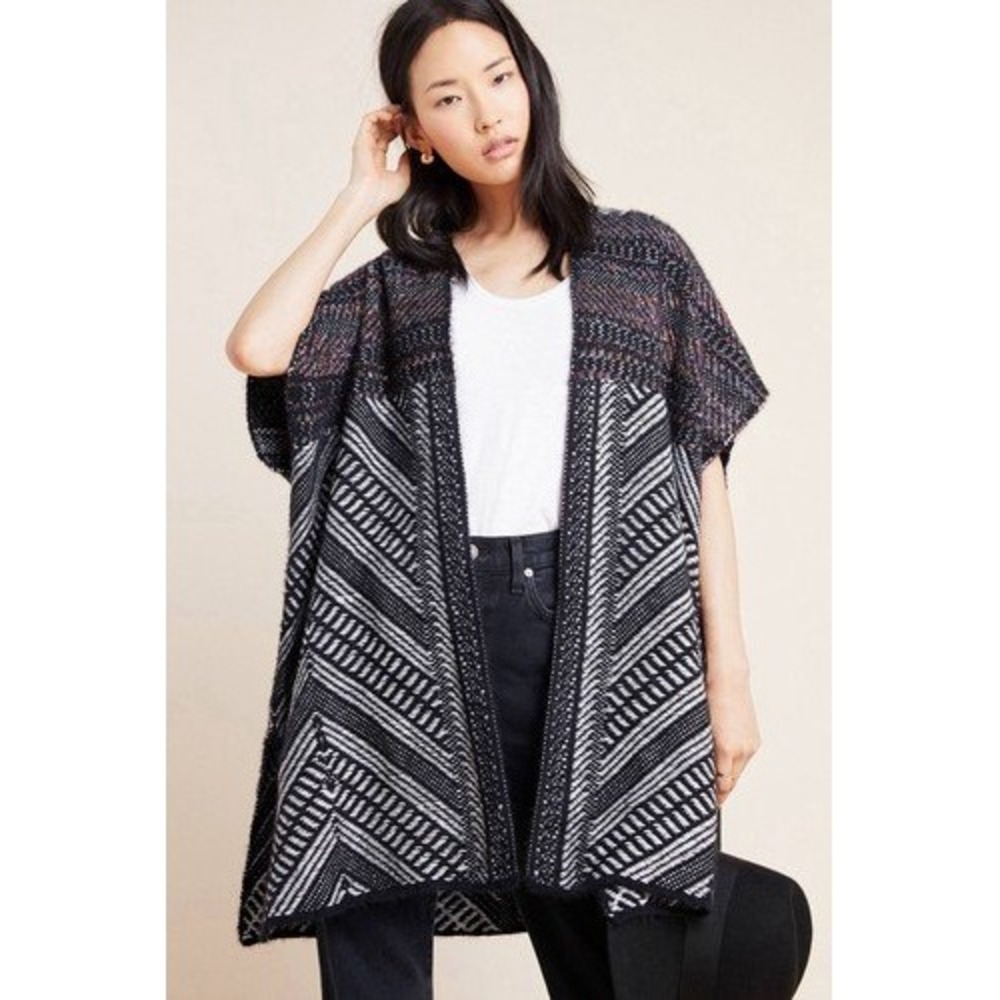Molly Bracken Anthropologie Knit Poncho XS/S Black Geometric Metallic Boho NWT ~